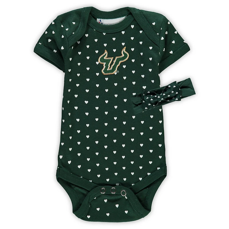 Girls Newborn & Infant Green South Florida Bulls Hearts Bodysuit Headband Set