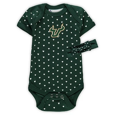 Girls Newborn & Infant Green South Florida Bulls Hearts Bodysuit Headband Set
