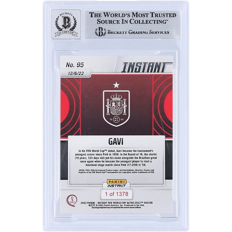 Carte de recrue Auto 10 authentique signée Gavi de l'équipe nationale espagnole Panini Instant FIFA 2022. Le Golden Boy espagnol fait sa marque contre le Maroc #95 #/1378. Les fanatiques de Beckett ont été témoins de la carte de recrue Auto 10 authentifiée.