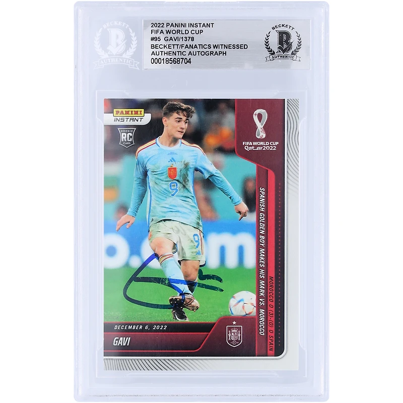 Gavi Spain National Team Autographed 2022 Panini Instant Fifa World Cup Spanish Golden Boy Makes His Mark Vs. Morocco #95 #/1378 Beckett Fanatics Witnessed Authenticated Rookie Card 