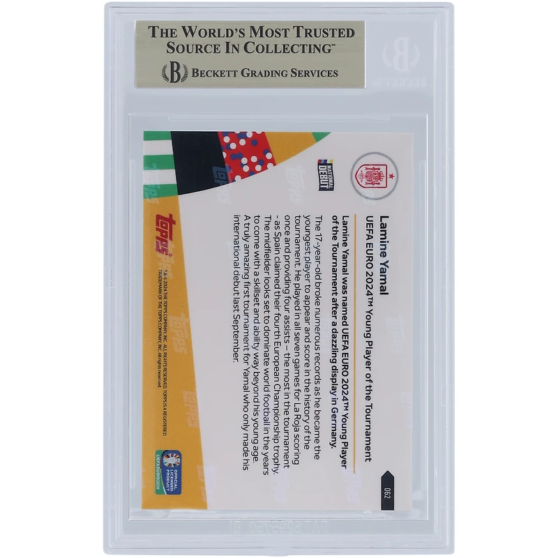 Lamine Yamal Équipe nationale d'Espagne 2024 Topps maintenant Jeune joueur du tournoi de l'UEFA Euro 2024 14.07.24 #62 BGS Carte authentifiée 9.5