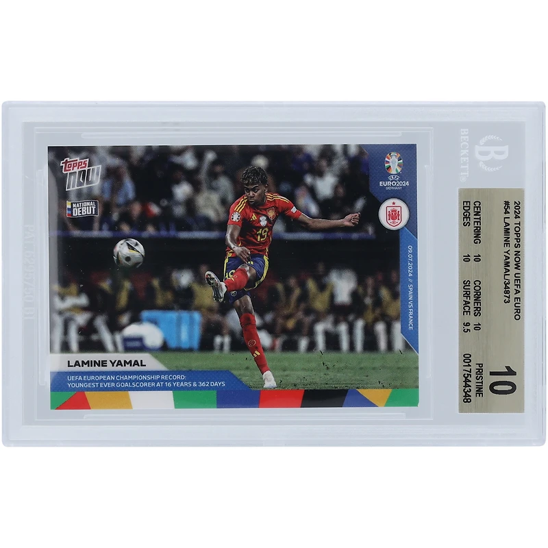Lamine Yamal Spain National Team 2024 Topps Now UEFA Euro UEFA European Championship Record: Youngest Ever Goal Scorer At 16 Years & 362 Days #54 BGS Authenticated 10 Rookie Card - 10,10,10,9.5 Subgrades
