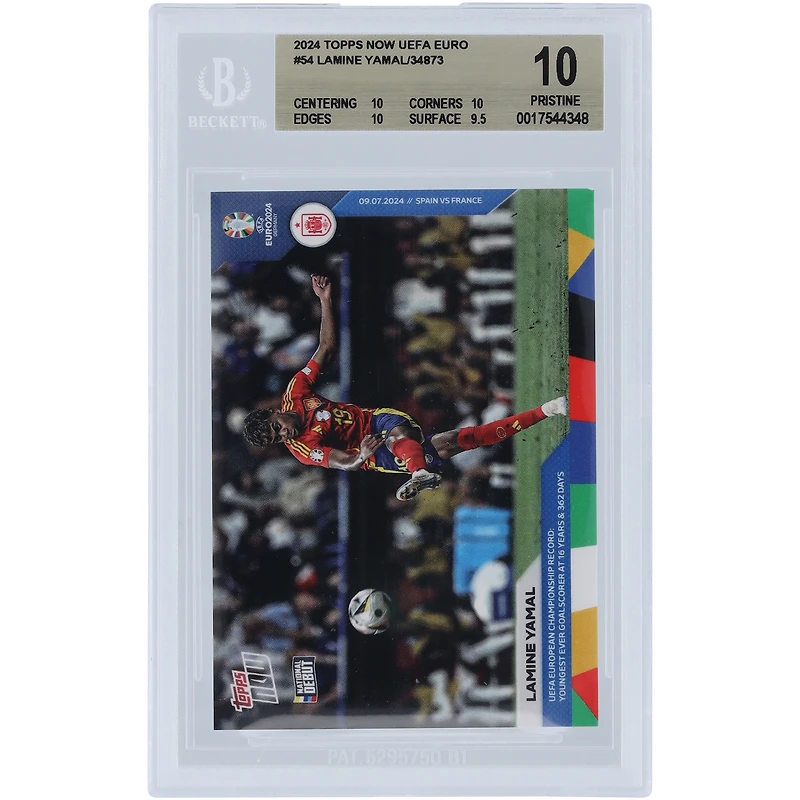 Lamine Yamal Spain National Team 2024 Topps Now UEFA Euro UEFA European Championship Record: Youngest Ever Goal Scorer At 16 Years & 362 Days #54 BGS Authenticated 10 Rookie Card - 10,10,10,9.5 Subgrades