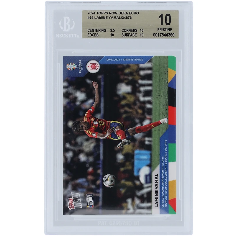 Lamine Yamal Spain National Team 2024 Topps Now UEFA Euro UEFA European Championship Record: Youngest Ever Goal Scorer At 16 Years & 362 Days #54 BGS Authenticated 10 Rookie Card - 9.5,10,10,10 Subgrades