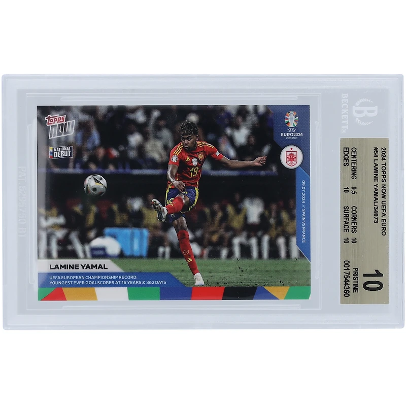 Lamine Yamal Spain National Team 2024 Topps Now UEFA Euro UEFA European Championship Record: Youngest Ever Goal Scorer At 16 Years & 362 Days #54 BGS Authenticated 10 Rookie Card - 9.5,10,10,10 Subgrades