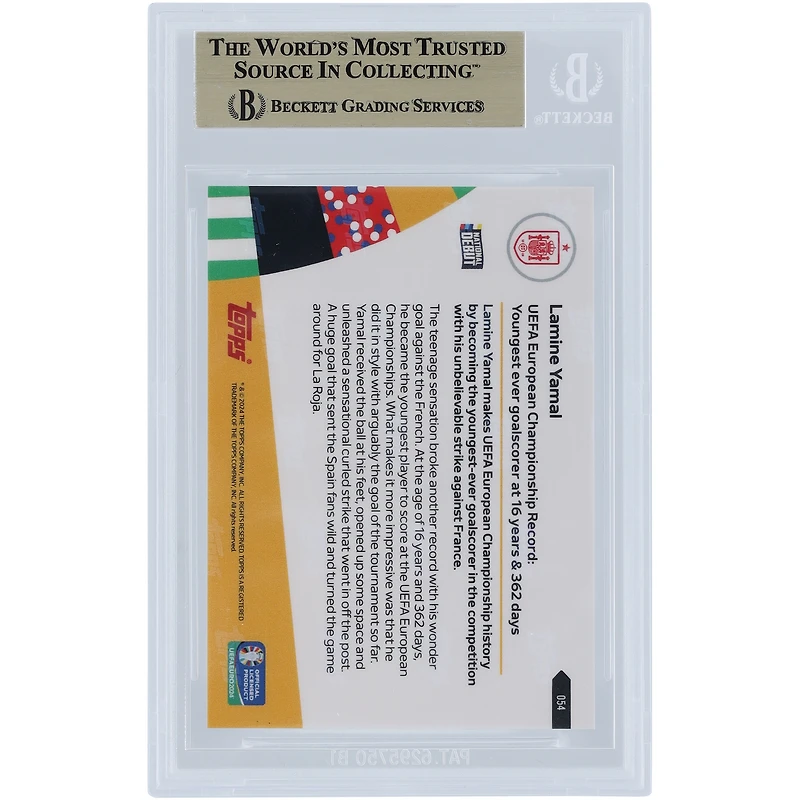 Lamine Yamal Spain National Team 2024 Topps Now UEFA Euro UEFA European Championship Record: Youngest Ever Goal Scorer At 16 Years & 362 Days #54 BGS Authenticated 9.5 Rookie Card