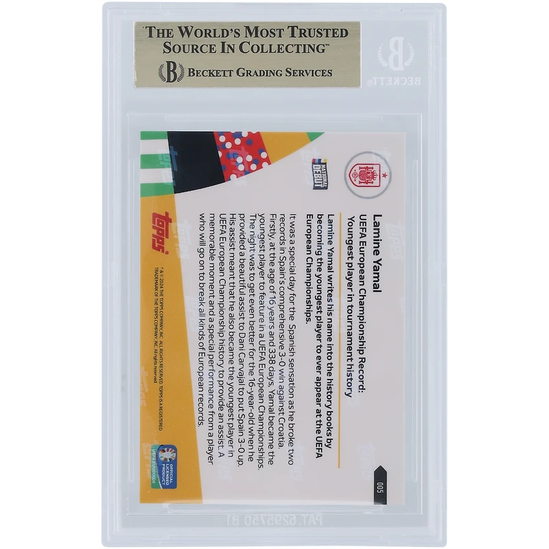 Lamine Yamal Spain National Team 2024 Topps Now UEFA Euro Youngest Player in Tournament History #5 BGS Authenticated 9.5 Rookie Card