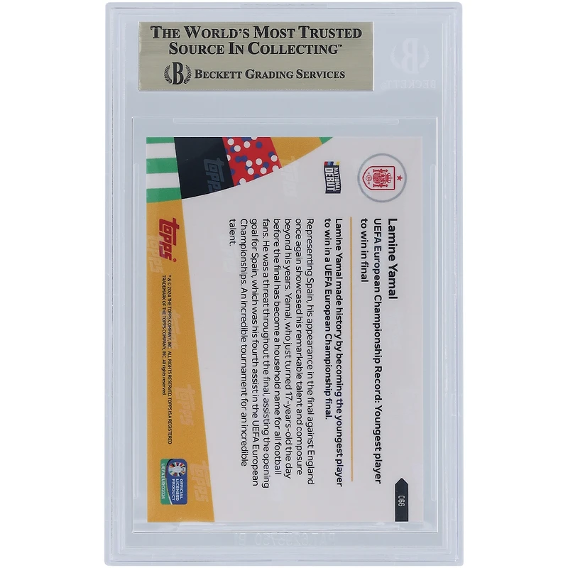 Lamine Yamal, Équipe nationale espagnole 2024 Topps, désormais le plus jeune joueur à remporter la finale 14.07.24 #66 BGS Carte authentifiée 10 - Sous-catégories 10, 9,5, 10, 10