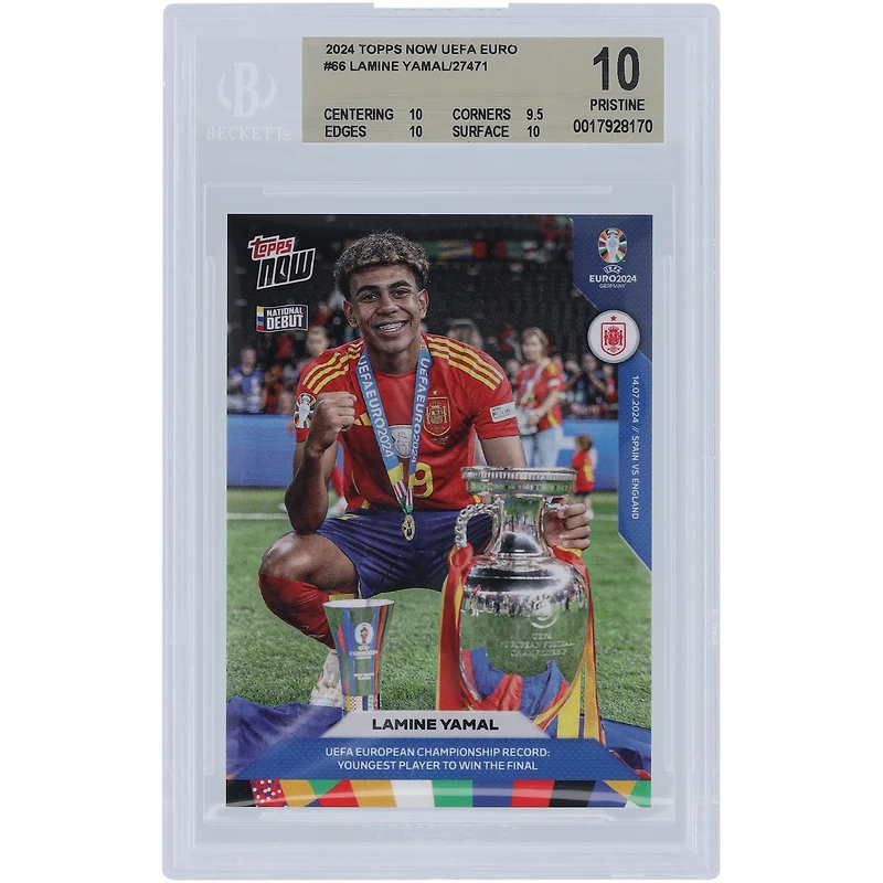 Lamine Yamal, Équipe nationale espagnole 2024 Topps, désormais le plus jeune joueur à remporter la finale 14.07.24 #66 BGS Carte authentifiée 10 - Sous-catégories 10, 9,5, 10, 10