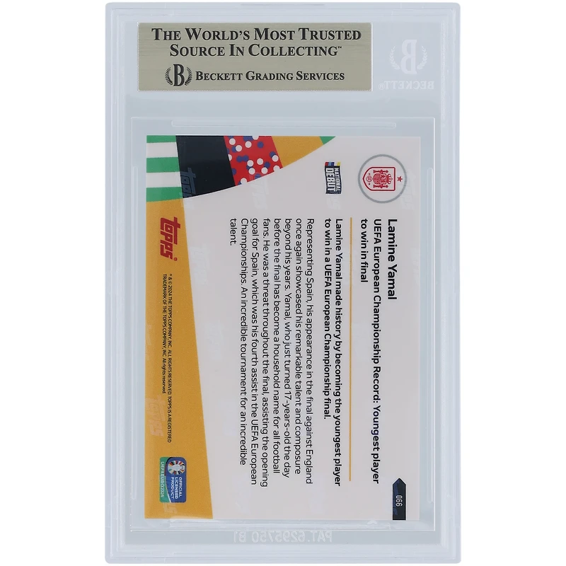 Lamine Yamal, Équipe nationale espagnole 2024 Topps, est désormais le plus jeune joueur à remporter la finale 14.07.24 #66 BGS Carte authentifiée 9.5