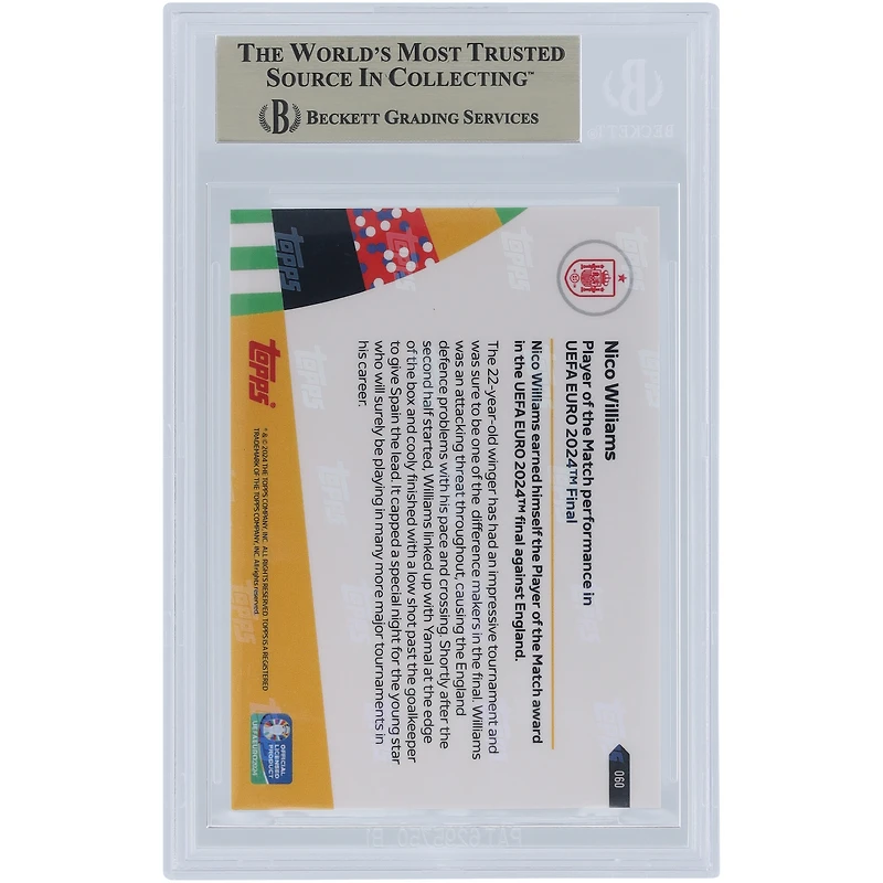 Nico Williams Équipe nationale d'Espagne 2024 Topps maintenant joueur bleu du match UEFA Euro 2024 14.07.24 #60 #46/49 Carte authentifiée 9.5 BGS
