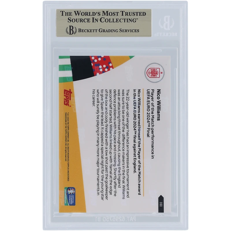 Nico Williams Équipe nationale d'Espagne 2024 Topps maintenant Joueur du match UEFA Euro 2024 14.07.24 #60 BGS Carte authentifiée 10 - Sous-catégories 10,10,10,9.5