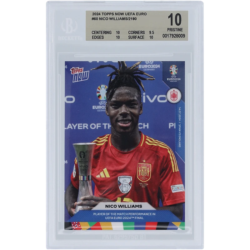 Nico Williams Équipe nationale d'Espagne 2024 Topps maintenant Joueur du match UEFA Euro 2024 14.07.24 #60 BGS Carte authentifiée 10 - Sous-grades 10, 9,5, 10, 10