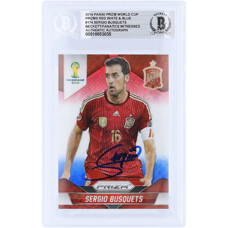 Sergio Busquets Spain National Team Autographed 2014 Panini Prizm World Cup Brasil Red White & Blue Prizm #174 Beckett Fanatics Witnessed Authenticated Card
