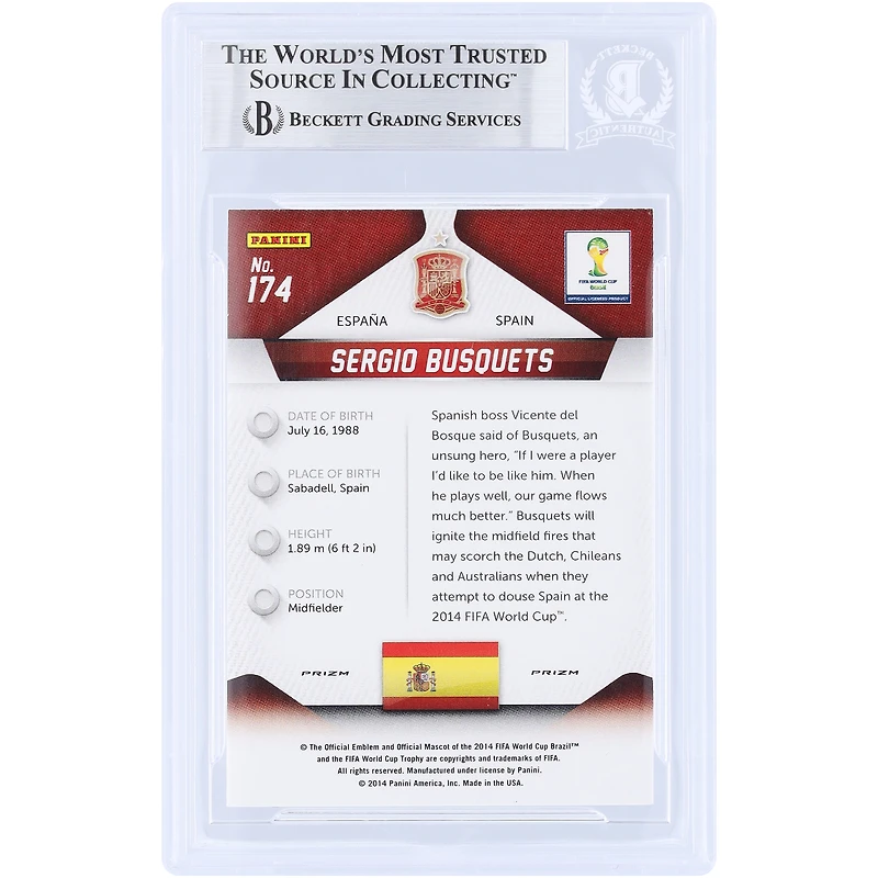 Sergio Busquets Spain National Team Autographed 2014 Panini Prizm World Cup Brasil Red White & Blue Prizm #174 Beckett Fanatics Witnessed Authenticated Card