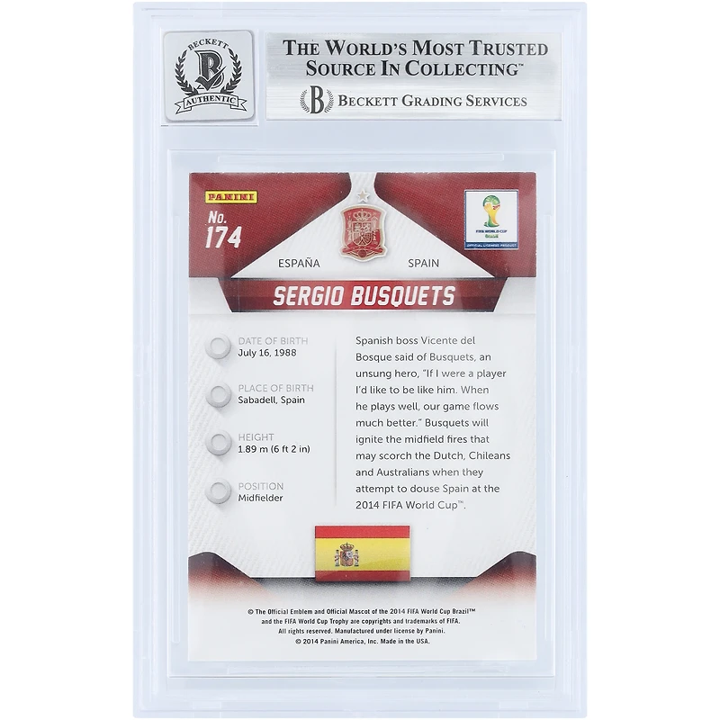 Carte autographiée de Sergio Busquets (équipe nationale espagnole) - Panini Prizm Coupe du Monde 2014 n° 174 - Authentifiée par Beckett Fanatics Witnessed (n° 10)