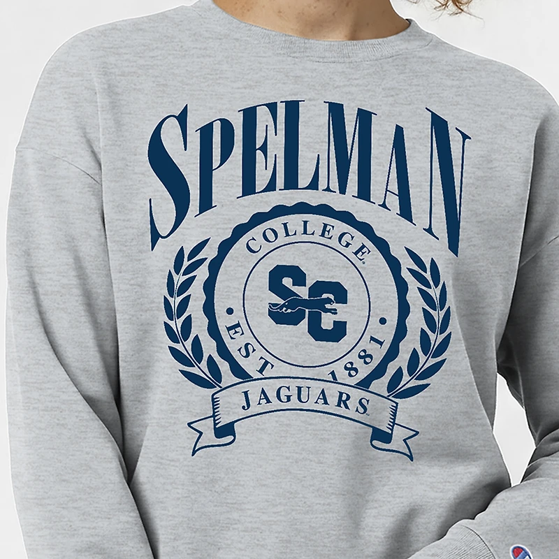 Women's Champion Heather Gray Spelman College Jaguars Academic Crest Powerblend Crewneck Sweatshirt