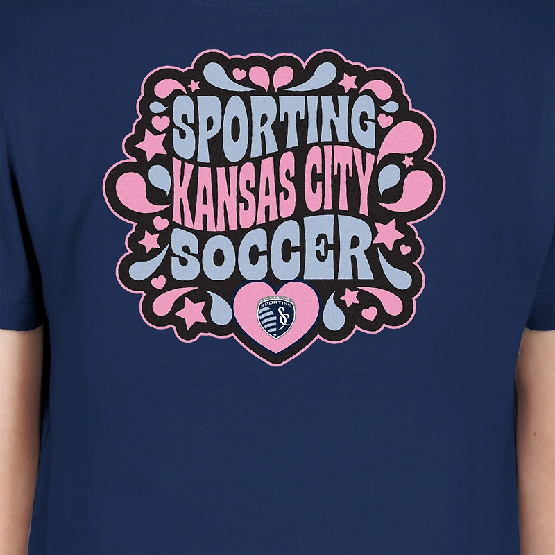 T-shirt bleu marine à motif bulle et cœur pour jeunes filles de New Era Sporting Kansas City