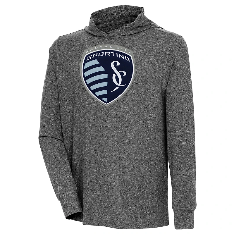 Men's Antigua  Heather Black Sporting Kansas City Saga Long Sleeve Hoodie T-Shirt
