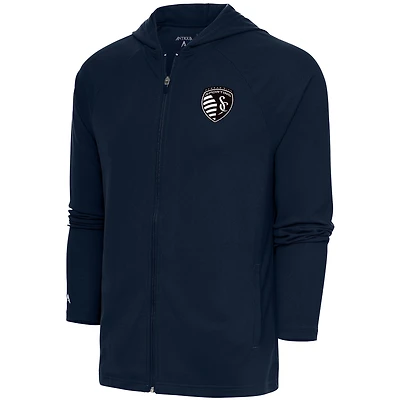 Men's Antigua  Navy Sporting Kansas City Brushed Metallic Legacy Raglan Full-Zip Hoodie
