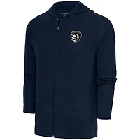 Men's Antigua  Navy Sporting Kansas City Brushed Metallic Legacy Raglan Full-Zip Hoodie