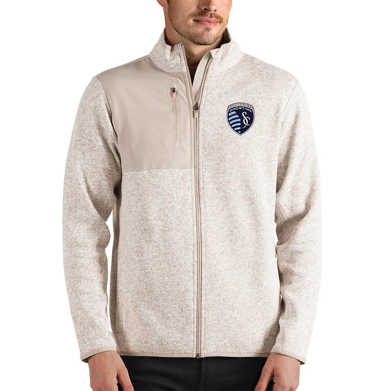 Men's Antigua Oatmeal Sporting Kansas City Fortune Full-Zip Jacket