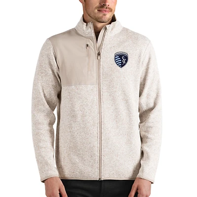 Men's Antigua Oatmeal Sporting Kansas City Fortune Full-Zip Jacket