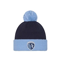 Bonnet tricoté bleu clair Sporting Kansas City 2025 pour homme New Era avec revers et pompon