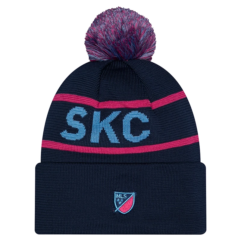 Men's New Era Navy Sporting Kansas City 2026 Jersey Hook Cuffed Pom Knit Hat