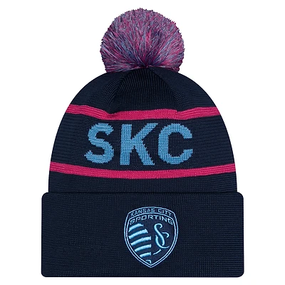 Men's New Era Navy Sporting Kansas City 2026 Jersey Hook Cuffed Pom Knit Hat