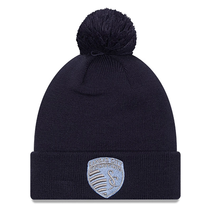 Bonnet en tricot à revers et revers en jersey New Era Sporting Kansas City bleu marine avec pompon pour hommes