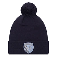 Bonnet en tricot à revers et revers en jersey New Era Sporting Kansas City bleu marine avec pompon pour hommes