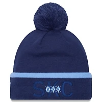 Men's New Era Navy Sporting Kansas City Wordmark Kick Off Cuffed Knit Hat with Pom