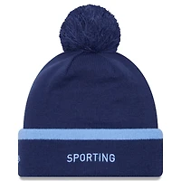Men's New Era Navy Sporting Kansas City Wordmark Kick Off Cuffed Knit Hat with Pom