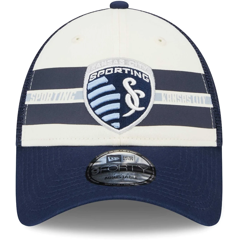 Men's New Era White/Navy Sporting Kansas City Team Stripes 9FORTY Trucker Snapback Hat