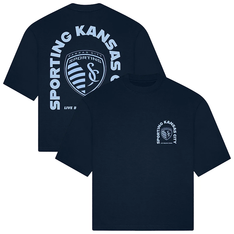 T-shirt unisexe Live Breathe Futbol bleu marine Sporting Kansas City Tunnel