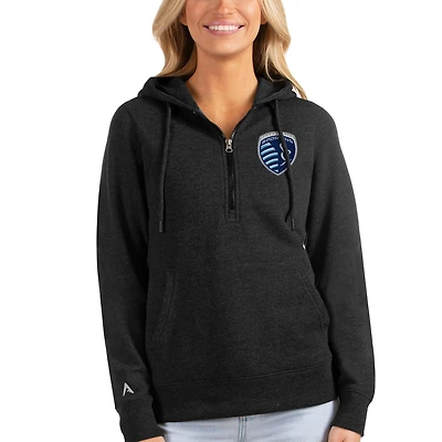 Women's Antigua Heather Black Sporting Kansas City Logo Action Half-Zip Pullover Hoodie