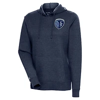 Women's Antigua Heather Navy Sporting Kansas City Logo Action Pullover Hoodie