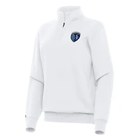 Women's Antigua White Sporting Kansas City Victory Quarter-Zip Pullover Top