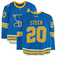 Maillot Reebok bleu n° 20 porté par Alexander Steen (Blues de St. Louis) lors de l'entraînement contre les Blackhawks de Chicago le 2 janvier 2017 - Classique hivernale de la LNH - Porté pendant l'échauffement
