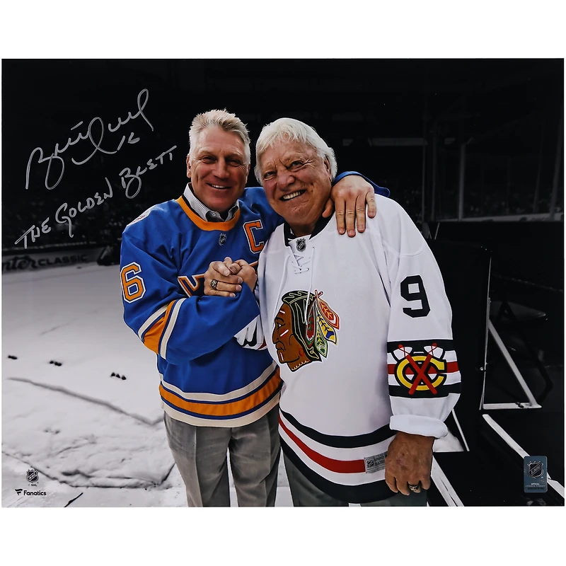 Photo autographiée de Brett Hull (Blues de Saint-Louis) - 40,6 x 50,8 cm (16 x 20 pouces) avec Bobby Hull Spotlight et inscription « The Golden Brett ».