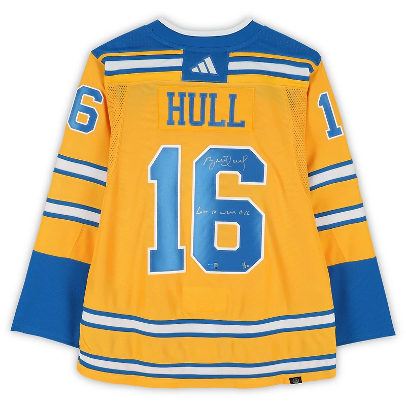 Brett Hull St. Louis Blues Autographed 2022-23 Gold Reverse Retro adidas Jersey with "Last to Wear #16" Inscription