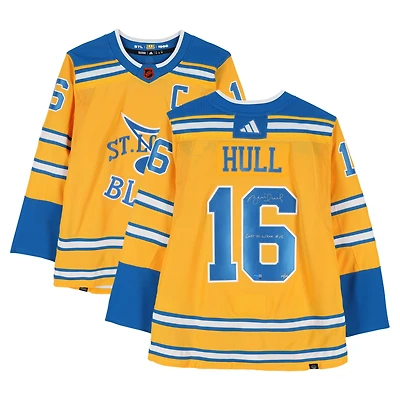 Maillot rétro doré adidas 2022-23 autographié par Brett Hull des Blues de St. Louis, avec inscription « Dernier joueur à porter le n° 16