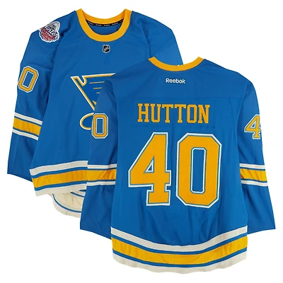 Carter Hutton St. Louis Blues Practice-Used #40 Blue Reebok Jersey vs. Chicago Blackhawks on January 2, 2017 - NHL Winter Classic - Worn During Warm-Ups
