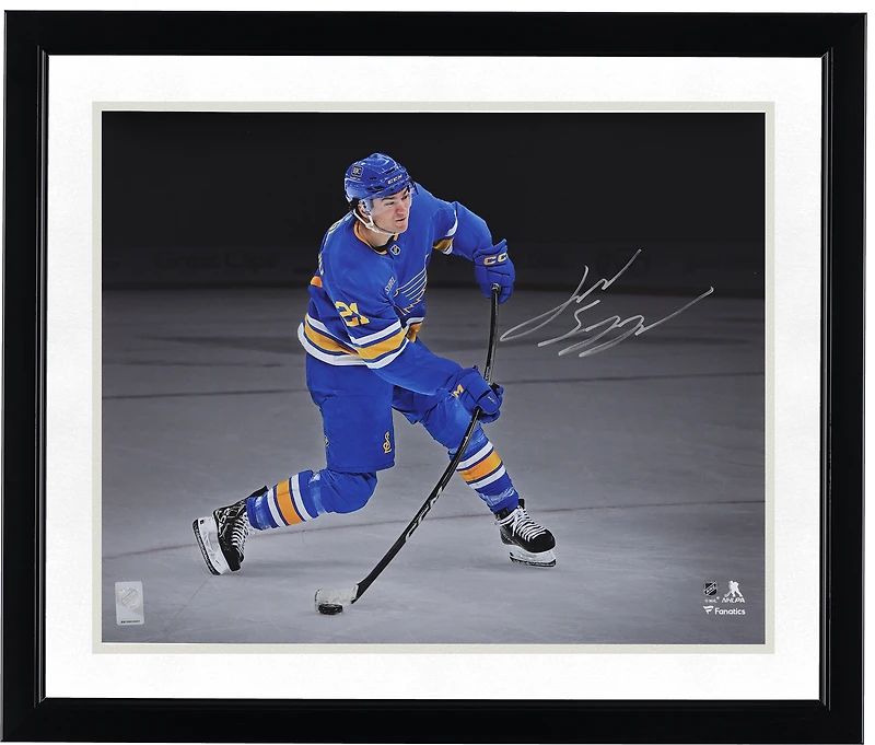 Jimmy Snuggerud St. Louis Blues Autographed 16" x 20" Blue Jersey Shooting the Puck Spotlight Photograph