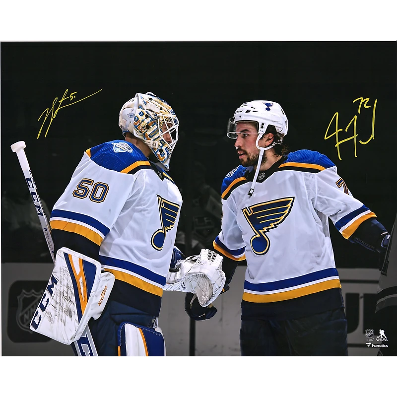 Photographie autographiée de 16" x 20" de Jordan Binnington et Justin Faulk des Blues de St. Louis