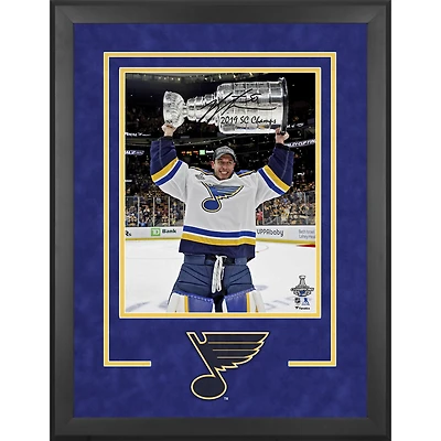 Jordan Binnington St. Louis Blues 2019 Stanley Cup Champions Deluxe Framed Autographed 16" x 20" Raising Cup Photograph with "2019 SC Champs" Inscription