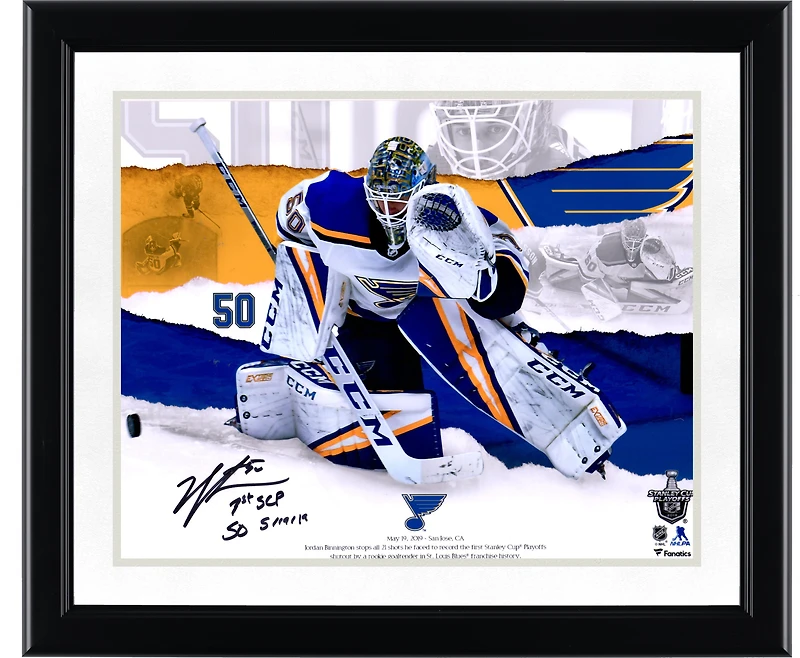 Jordan Binnington St. Louis Blues Autographed 11" x 14" First Stanley Cup Playoffs Shutout Photograph with "1st SCP Shutout 5/19/19" Inscription - Limited Edition of 50