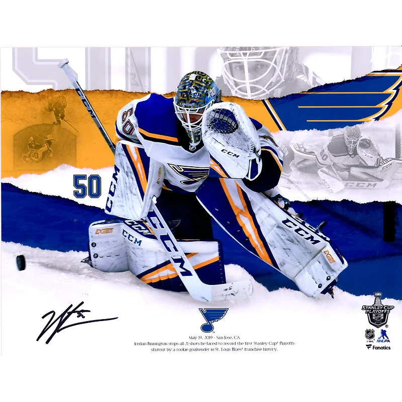 Jordan Binnington St. Louis Blues dédicacé 11" x 14 " Première photographie de blanchissage des séries éliminatoires de la Coupe Stanley