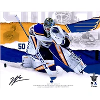 Jordan Binnington St. Louis Blues dédicacé 11" x 14 " Première photographie de blanchissage des séries éliminatoires de la Coupe Stanley